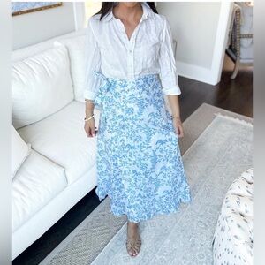 Molly Green Blue White Wrap Midi Skirt Size Large